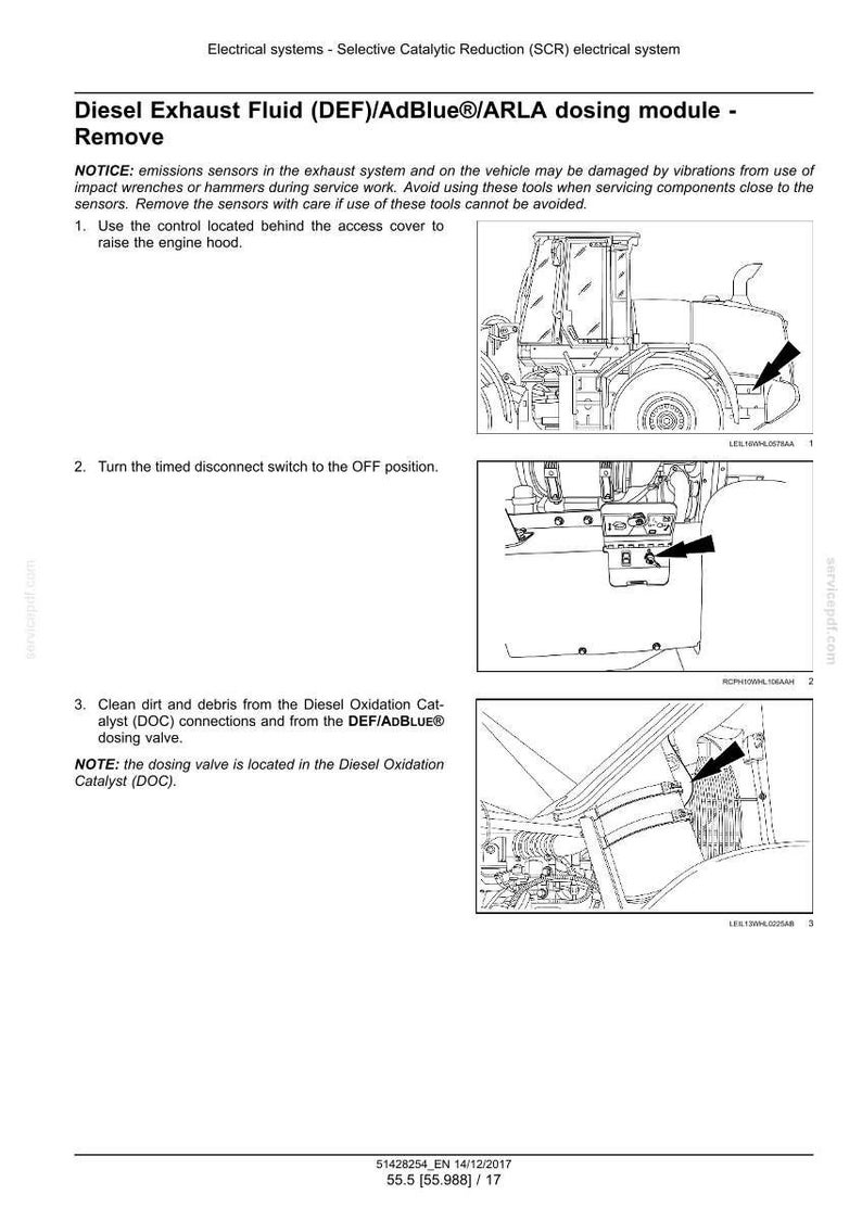 May include: Diagram of a tractor with arrows pointing to specific areas for maintenance. Text includes instructions for removing the Diesel Exhaust Fluid (DEF) dosing module, including cleaning and disconnecting.