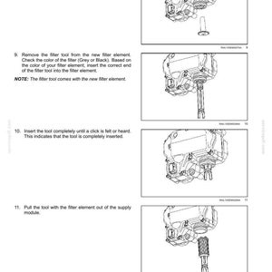 May include: A technical maintenance manual page titled 7 - MAINTENANCE, featuring four black and white line drawings illustrating the steps to remove and replace a filter element in a supply module, including text instructions for steps 8 through 11.