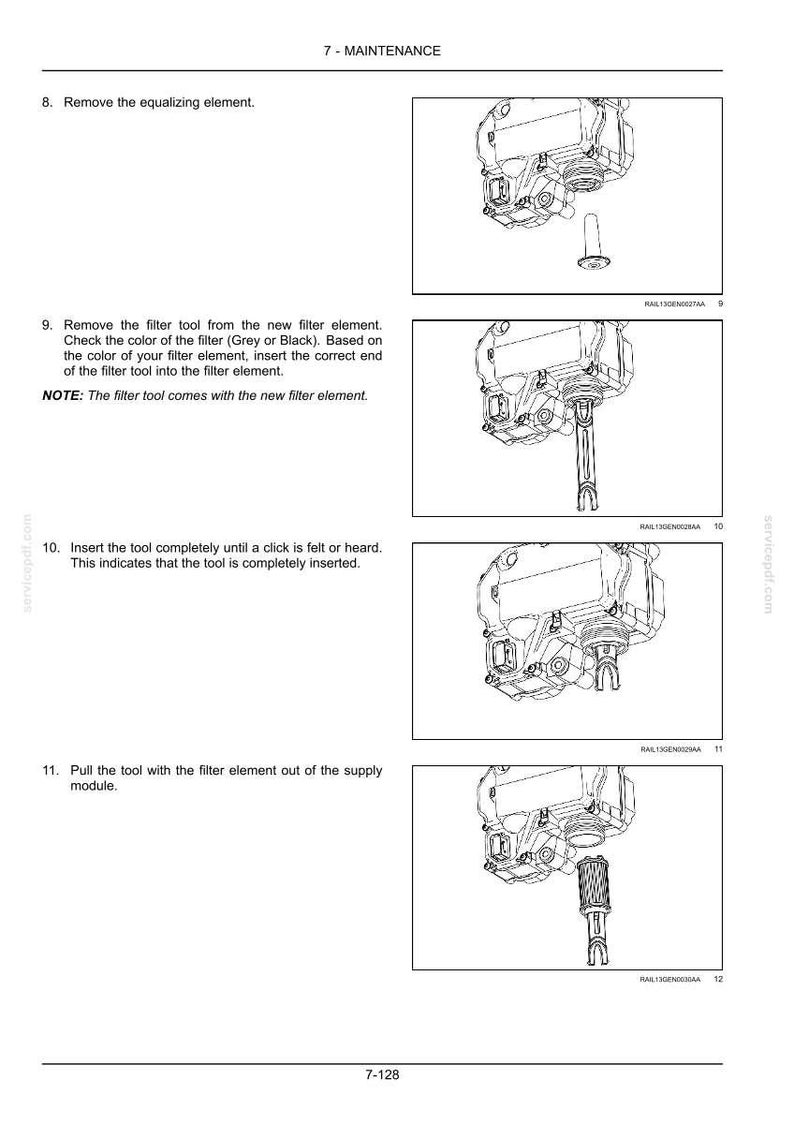 May include: A technical maintenance manual page titled 7 - MAINTENANCE, featuring four black and white line drawings illustrating the steps to remove and replace a filter element in a supply module, including text instructions for steps 8 through 11.
