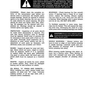 May include: A page from a manual with the title "GENERAL INFORMATION." It includes safety warnings, instructions for cleaning, inspection, gears, shafts, and oil seals. The text is in black on a white background.