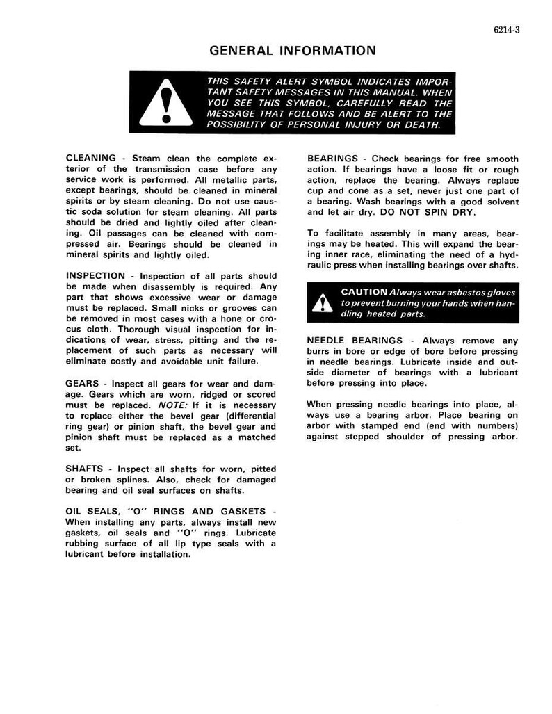 May include: A page from a manual with the title "GENERAL INFORMATION." It includes safety warnings, instructions for cleaning, inspection, gears, shafts, and oil seals. The text is in black on a white background.