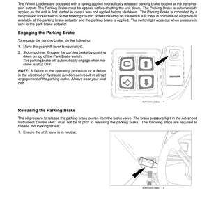 May include: Diagram of a vehicle's parking brake system, including a control panel with buttons and a lever. Text explains how to engage and release the parking brake, with safety instructions. The image is a technical illustration.