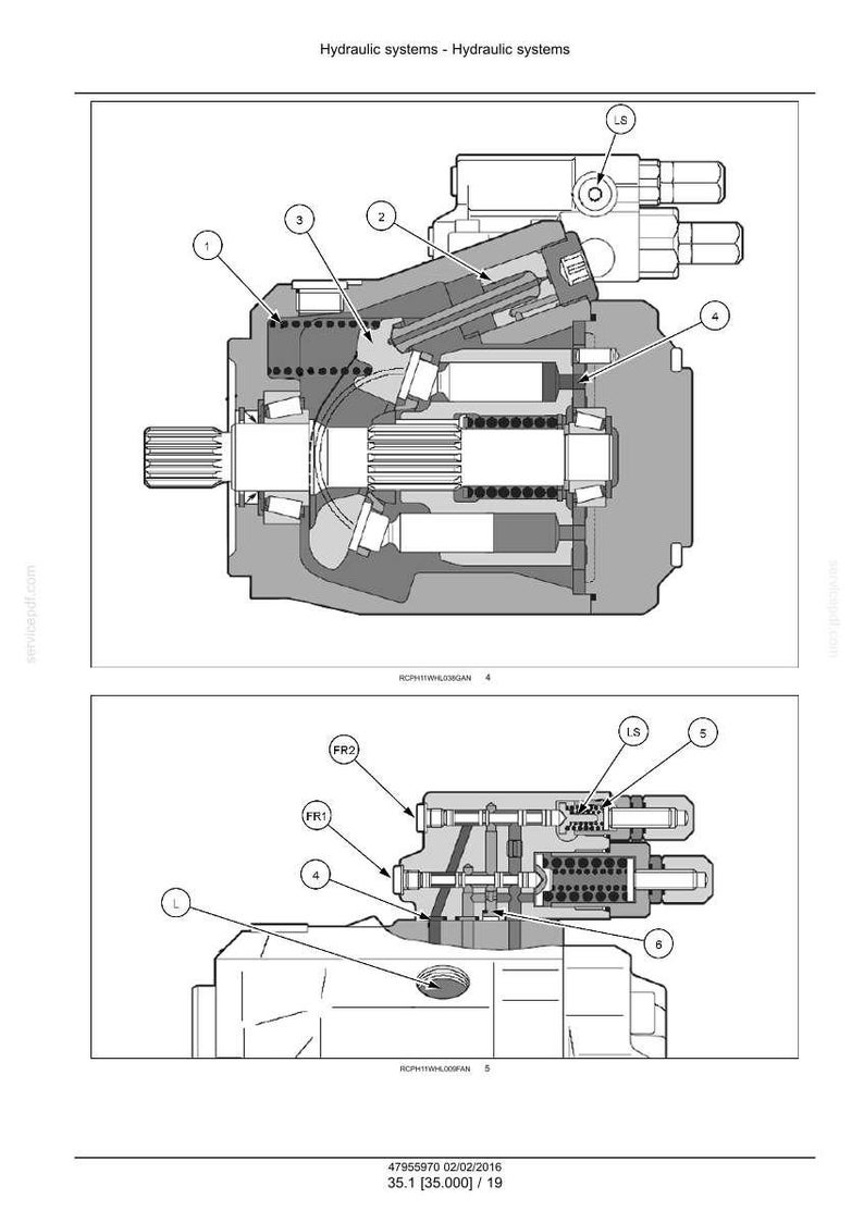 May include: Diagram of hydraulic systems, showing cross-sections of mechanical components with labels and arrows. The image is in black and white, with text at the top and bottom indicating the subject and technical details.