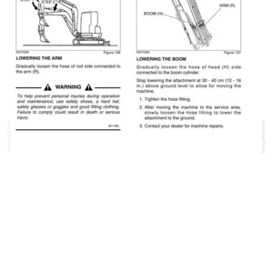 Pu&ograve; includere: Una pagina di manuale tecnico intitolata CHAPTER 6 - MAINTENANCE AND ADJUSTMENTS. Presenta due diagrammi di un braccio e di un braccio escavatore, etichettati Figure 136 e 137, con istruzioni per l'abbassamento, includendo uno spazio di 30-40 cm.