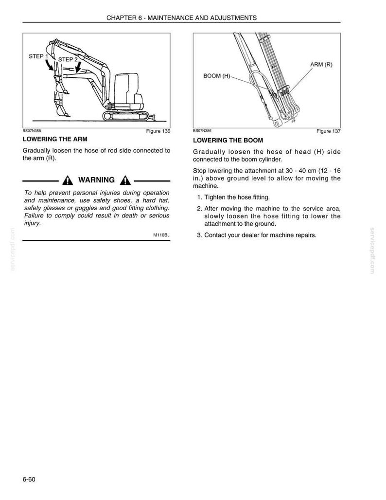 Pu&ograve; includere: Una pagina di manuale tecnico intitolata CHAPTER 6 - MAINTENANCE AND ADJUSTMENTS. Presenta due diagrammi di un braccio e di un braccio escavatore, etichettati Figure 136 e 137, con istruzioni per l'abbassamento, includendo uno spazio di 30-40 cm.