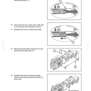 May include: Diagram from a tractor repair manual showing the process of separating the tractor's clutch housing and center case. The diagram includes numbered steps and illustrations of the components, including bolts, pins, and shafts. The text includes the size of a bolt, M14 X 40.