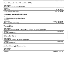 May include: A technical document page titled 9-SPECIFICATIONS listing fluid and grease requirements for vehicle components including front and rear axles, various joints, an extendable dipper, and an air-conditioning compressor with capacities.
