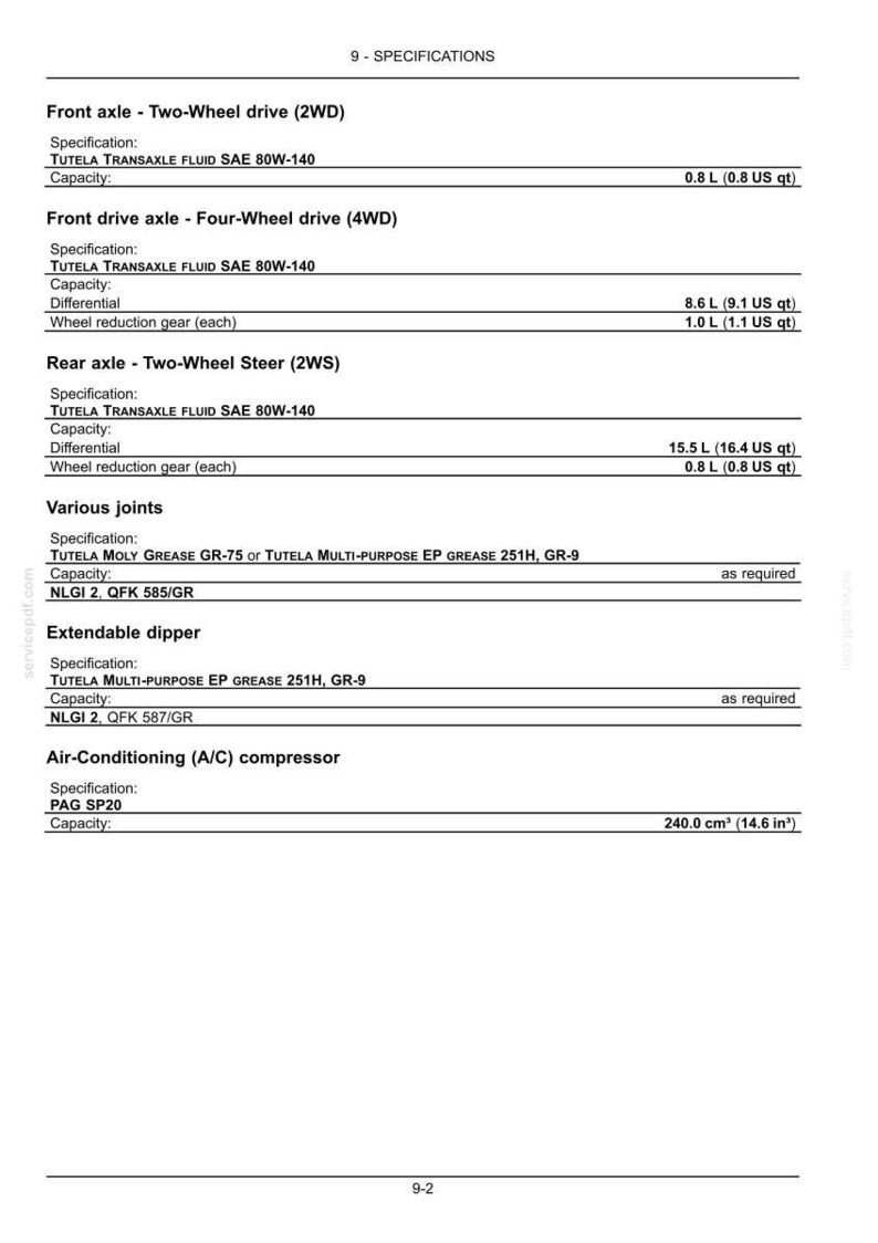 May include: A technical document page titled 9-SPECIFICATIONS listing fluid and grease requirements for vehicle components including front and rear axles, various joints, an extendable dipper, and an air-conditioning compressor with capacities.