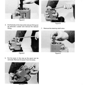 May include: A series of black and white instructional images detailing the disassembly of a mechanical component. The steps include removing a spring, loosening fittings, and removing valves and a spool. Text labels and figure numbers are included.