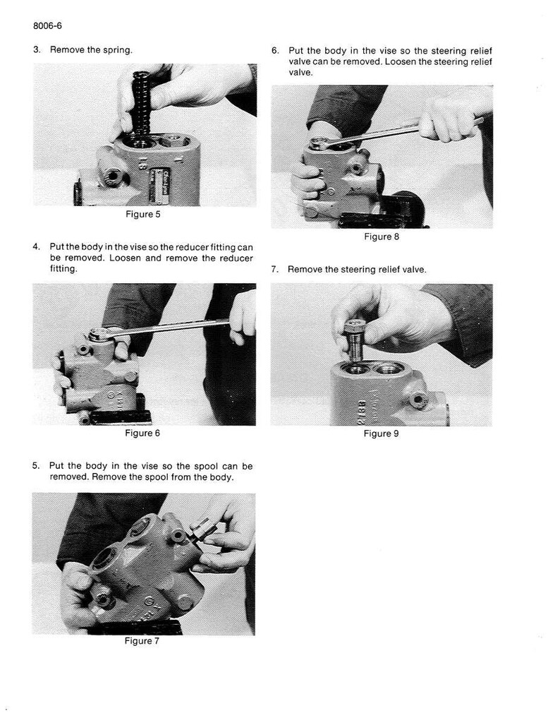May include: A series of black and white instructional images detailing the disassembly of a mechanical component. The steps include removing a spring, loosening fittings, and removing valves and a spool. Text labels and figure numbers are included.