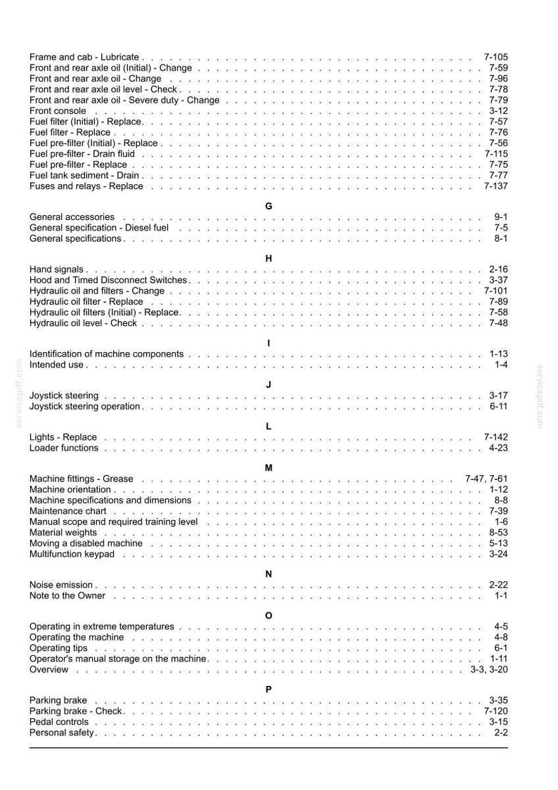 May include: A detailed table of contents from a manual, with sections on maintenance, operation, and safety. The text is black on a white background, with page numbers and section titles.
