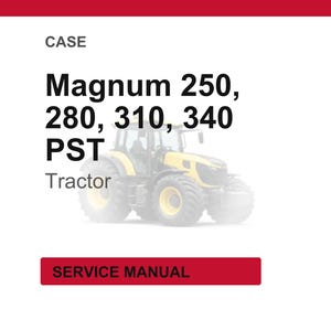K&ouml;nnte beinhalten: Ein gelb-schwarzer Traktor mit dem Text "Magnum 250, 280, 310, 340 PST Tractor" wird auf wei&szlig;em Hintergrund angezeigt. Die W&ouml;rter "CASE" und "SERVICE MANUAL" sind ebenfalls sichtbar.