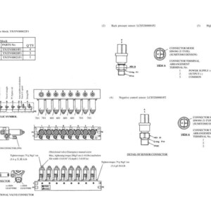 May include: A technical diagram showing a solenoid proportional valve block, back pressure sensor, and high pressure sensor. It includes hydraulic symbols, connector details, terminal arrangements, and tightening torque specifications in kgf cm and lb in.