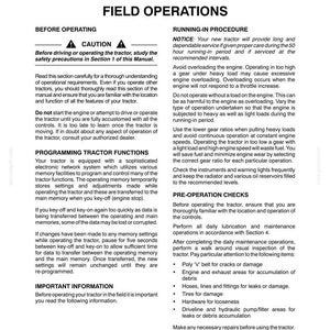 Peut inclure: Une page d'un manuel de tracteur intitul&eacute;e Section 3 Op&eacute;rations sur le terrain. Elle contient des instructions pour avant l'utilisation, la programmation des fonctions, les proc&eacute;dures de rodage et les v&eacute;rifications avant op&eacute;ration.