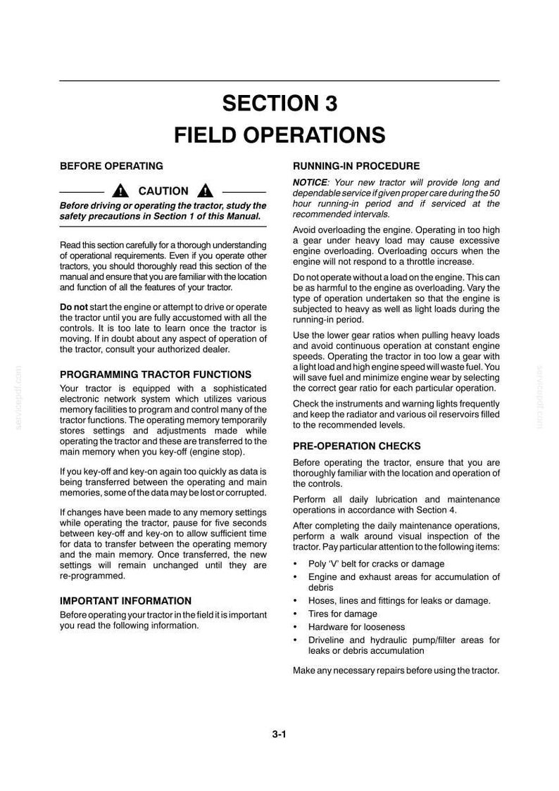 Peut inclure: Une page d'un manuel de tracteur intitul&eacute;e Section 3 Op&eacute;rations sur le terrain. Elle contient des instructions pour avant l'utilisation, la programmation des fonctions, les proc&eacute;dures de rodage et les v&eacute;rifications avant op&eacute;ration.