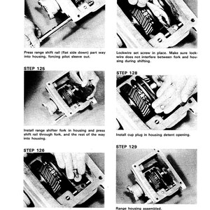 May include: A black and white diagram illustrating the assembly of a mechanical component. The image shows various steps, including installing parts and securing screws. Text labels each step, such as "STEP 124" and "Range housing assembled."