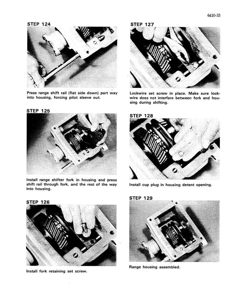 May include: A black and white diagram illustrating the assembly of a mechanical component. The image shows various steps, including installing parts and securing screws. Text labels each step, such as "STEP 124" and "Range housing assembled."