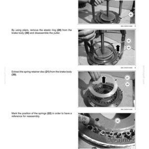 May include: Diagrams illustrating hydraulic swing system procedures. Includes images of tools and components labeled with numbers, such as the brake body (30), elastic ring (20), and spring retainer disc (21). Measurements are in millimeters.
