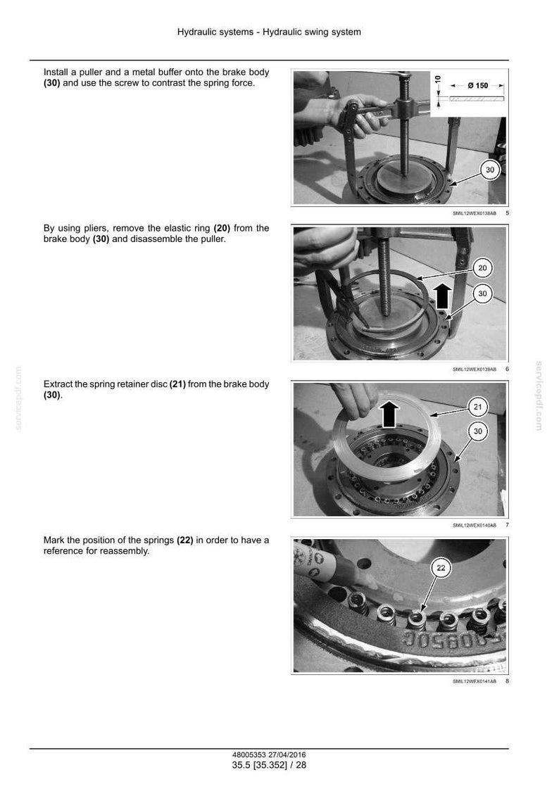 May include: Diagrams illustrating hydraulic swing system procedures. Includes images of tools and components labeled with numbers, such as the brake body (30), elastic ring (20), and spring retainer disc (21). Measurements are in millimeters.