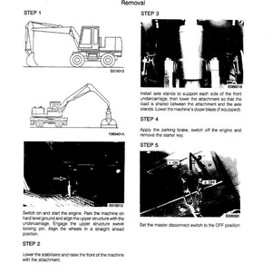 May include: Diagram of front axle service brakes removal, with step-by-step instructions. Includes illustrations of a construction vehicle and detailed procedures for maintenance. Text includes "FRONT AXLE SERVICE BRAKES Removal" and numbered steps.