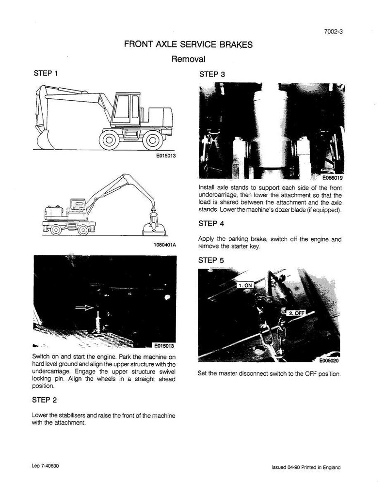 May include: Diagram of front axle service brakes removal, with step-by-step instructions. Includes illustrations of a construction vehicle and detailed procedures for maintenance. Text includes "FRONT AXLE SERVICE BRAKES Removal" and numbered steps.