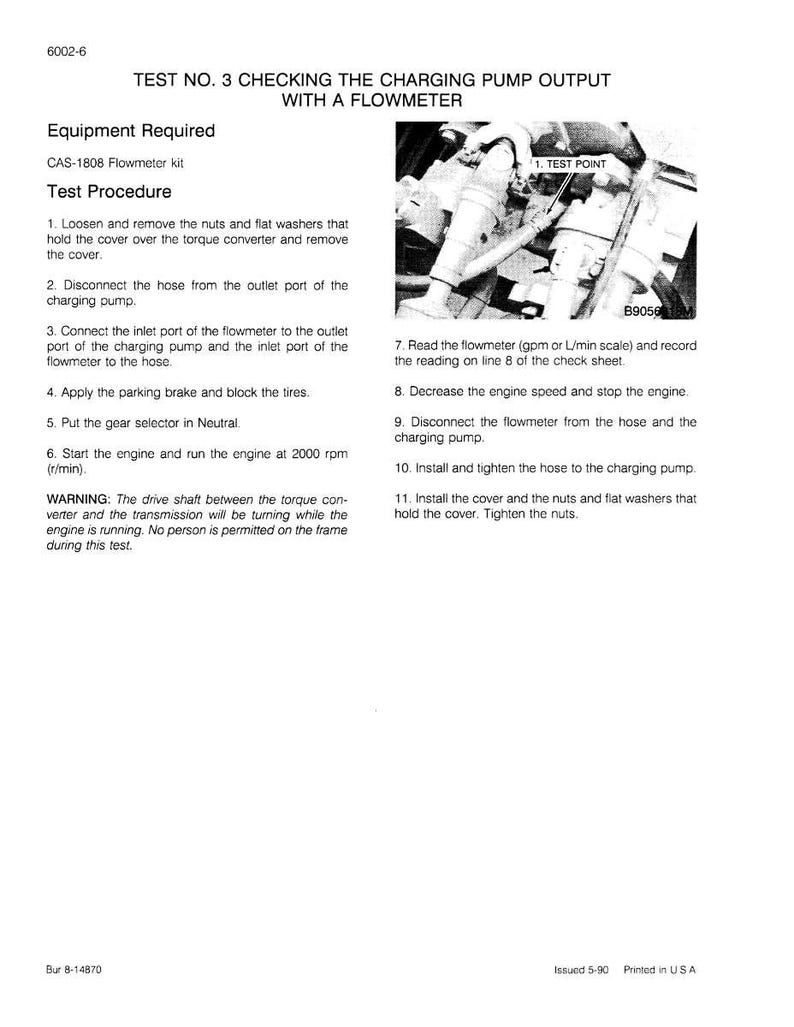 May include: A printed page with the title "TEST NO. 3 CHECKING THE CHARGING PUMP OUTPUT WITH A FLOWMETER." The page includes a test procedure, equipment required, and a diagram of a test point. The text is in black font.