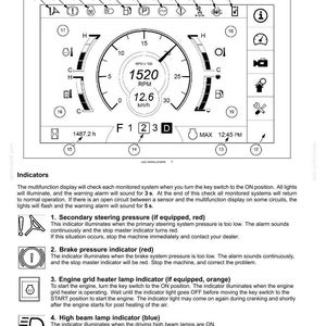 May include: Dashboard display with status and warning icons. Includes speedometer, RPM, and other indicators. Features a digital display showing readings in km/h and a clock. The display also shows warning lights.
