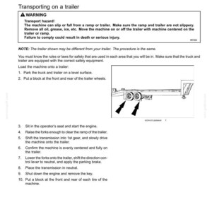 K&ouml;nnte beinhalten: Eine Seite aus einem Handbuch mit dem Titel "5 - TRANSPORTOPERATIONEN" mit Anweisungen zum Transport einer Maschine auf einem Anh&auml;nger. Die Seite enth&auml;lt eine Warnung vor Transportgefahren und eine Diagramm eines Anh&auml;ngers.