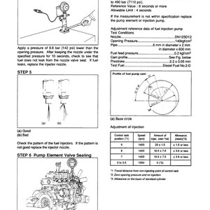 May include: Technical diagram detailing fuel injection pump maintenance procedures. Includes steps for pressure testing, nozzle inspection, and valve sealing. Features diagrams, specifications, and adjustment data for diesel fuel systems.