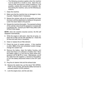May include: A technical document page titled 6-MAINTENANCE, detailing procedures for preparing machinery for storage. It includes eleven numbered steps covering cleaning, greasing cylinder rods, draining oil, battery care, and locking doors, with a page number 6-64.