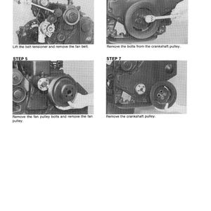K&ouml;nnte beinhalten: Ein Graustufendiagramm, das die Schritte zur Motorreparatur veranschaulicht. Schritt 4 zeigt das Entfernen des Keilriemens, Schritt 5 das Entfernen der L&uuml;fterriemenscheibe, Schritt 6 das Entfernen der Kurbelriemenscheibenbolzen und Schritt 7 das Entfernen der Kurbelriemenscheibe.