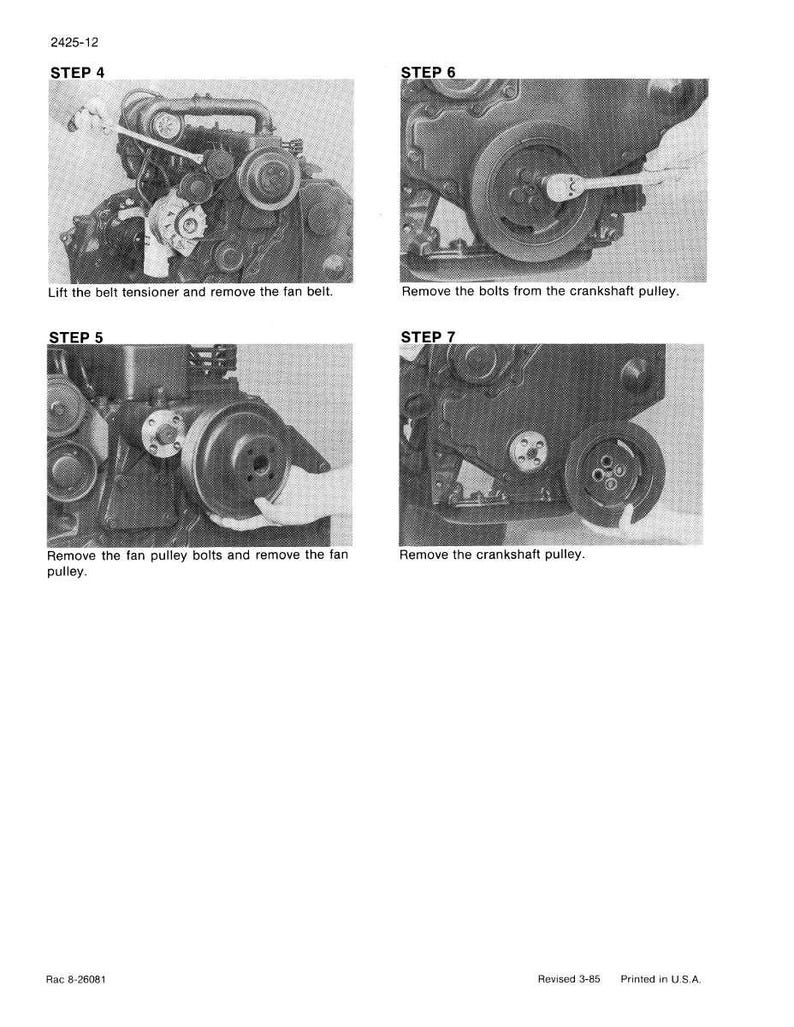 K&ouml;nnte beinhalten: Ein Graustufendiagramm, das die Schritte zur Motorreparatur veranschaulicht. Schritt 4 zeigt das Entfernen des Keilriemens, Schritt 5 das Entfernen der L&uuml;fterriemenscheibe, Schritt 6 das Entfernen der Kurbelriemenscheibenbolzen und Schritt 7 das Entfernen der Kurbelriemenscheibe.