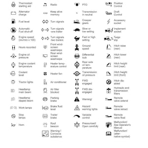 May include: Diagram of international symbols used on machinery, including symbols for fuel level, engine speed, turn signals, and warning lights. The text "International symbols" is at the top.