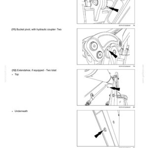 May include: Diagrams illustrating maintenance procedures for heavy machinery components. Includes images of bucket pivots, with and without hydraulic couplers, and extendahoe components. Text labels and arrows indicate specific parts and their locations.