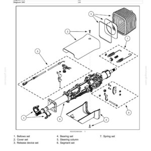 May include: An exploded view diagram of a steering column, with labels for various components including the bellows set, cover set, and release device set. The diagram includes measurements and part numbers.