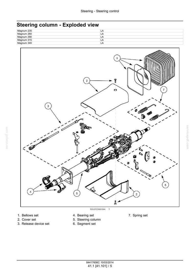 May include: An exploded view diagram of a steering column, with labels for various components including the bellows set, cover set, and release device set. The diagram includes measurements and part numbers.