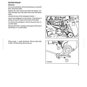 May include: Diagram of a rotor pickup removal process, with numbered components and detailed instructions. Includes illustrations of the pickup mechanism and the use of a jack for support. Text includes "SECTION 60 - PRODUCT FEEDING - CHAPTER 2" and "OVERHAUL".