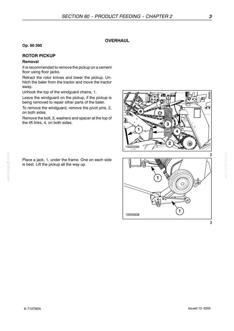May include: Diagram of a rotor pickup removal process, with numbered components and detailed instructions. Includes illustrations of the pickup mechanism and the use of a jack for support. Text includes "SECTION 60 - PRODUCT FEEDING - CHAPTER 2" and "OVERHAUL".