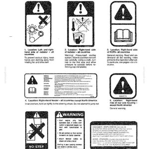 May include: A technical manual page featuring eight black and white safety warning labels with icons and text. The labels include symbols for rotating parts, hot cooling systems, operator manuals, rollover precautions, no-step warnings, and battery hazards.