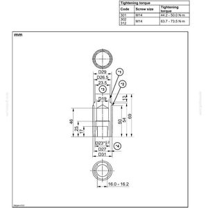 Op de afbeelding: Gedetailleerd diagram van een afstandsbedieningsventielassemblage, met afmetingen in millimeters. Bevat onderdeelnamen, hoeveelheden, aanhaalmoment specificaties en materiaaldetails. Het diagram is gelabeld met codes en metingen.