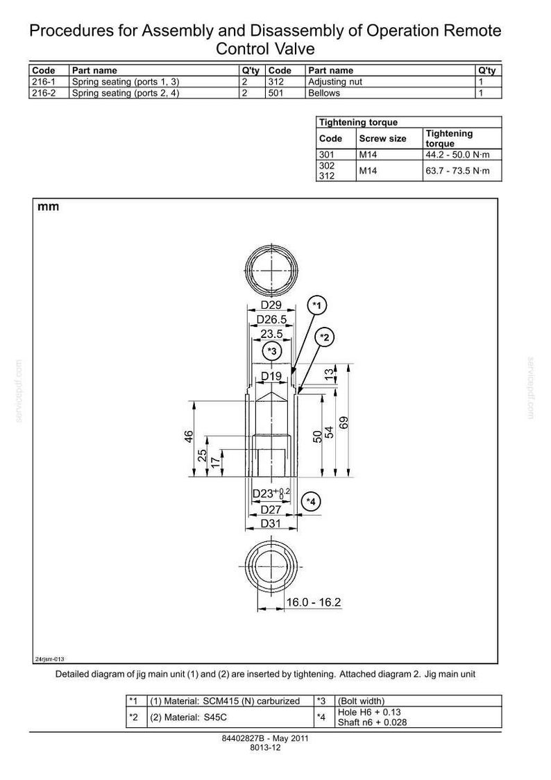 Op de afbeelding: Gedetailleerd diagram van een afstandsbedieningsventielassemblage, met afmetingen in millimeters. Bevat onderdeelnamen, hoeveelheden, aanhaalmoment specificaties en materiaaldetails. Het diagram is gelabeld met codes en metingen.