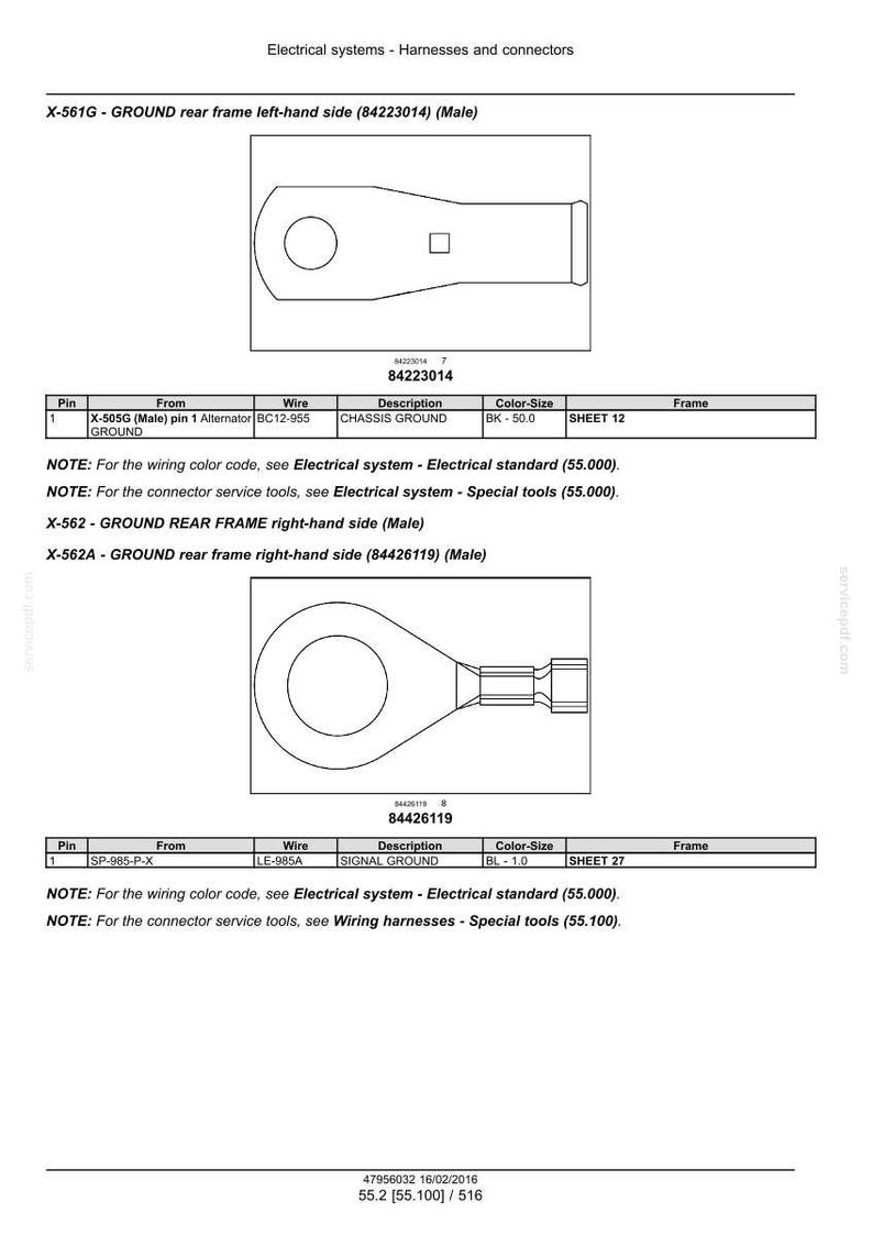 May include: Diagram of electrical connectors and wiring harnesses. Includes diagrams of X-561G and X-562A connectors, with labels and specifications. Text includes "Electrical systems - Harnesses and connectors".