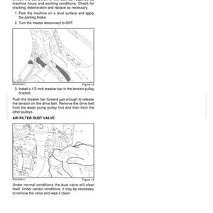 May include: Page from a manual detailing automotive maintenance procedures. The text includes instructions for checking and replacing a fan and air conditioning drive belt, and cleaning the air filter dust valve. Includes diagrams.