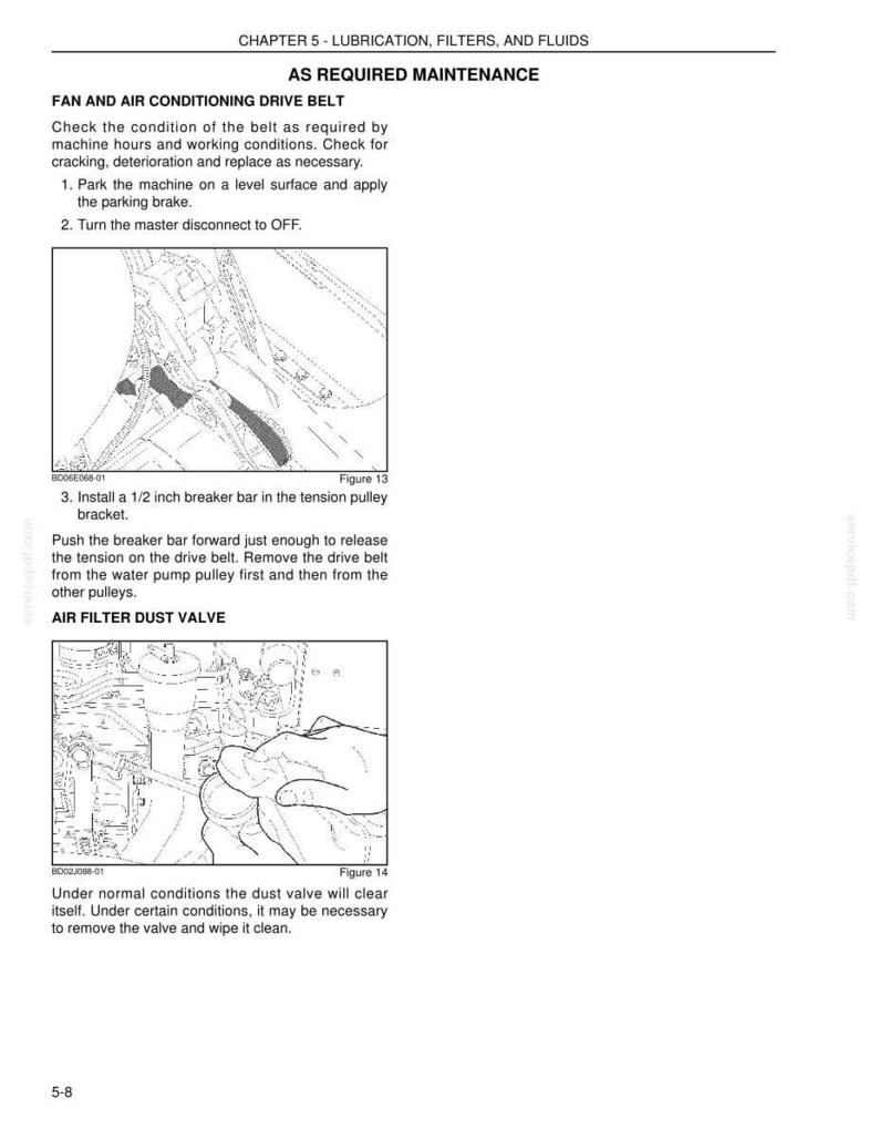 May include: Page from a manual detailing automotive maintenance procedures. The text includes instructions for checking and replacing a fan and air conditioning drive belt, and cleaning the air filter dust valve. Includes diagrams.