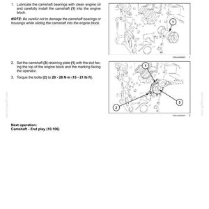 May include: Diagram of engine components with labels for camshaft installation. Instructions include lubricating bearings, installing the camshaft, setting the retaining plate, and torquing bolts to 15-21 lb ft. Text at the top reads "Engine - Valve drive and gears."