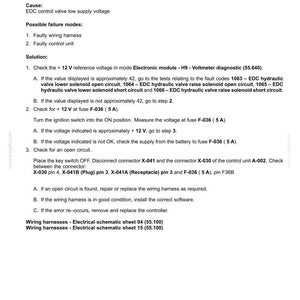 May include: A technical document titled "1067 - Hydraulic valve supply voltage - voltage too low." The document details fault codes, causes, and solutions for electrical systems. It includes wiring diagrams and diagnostic steps for automotive repair.