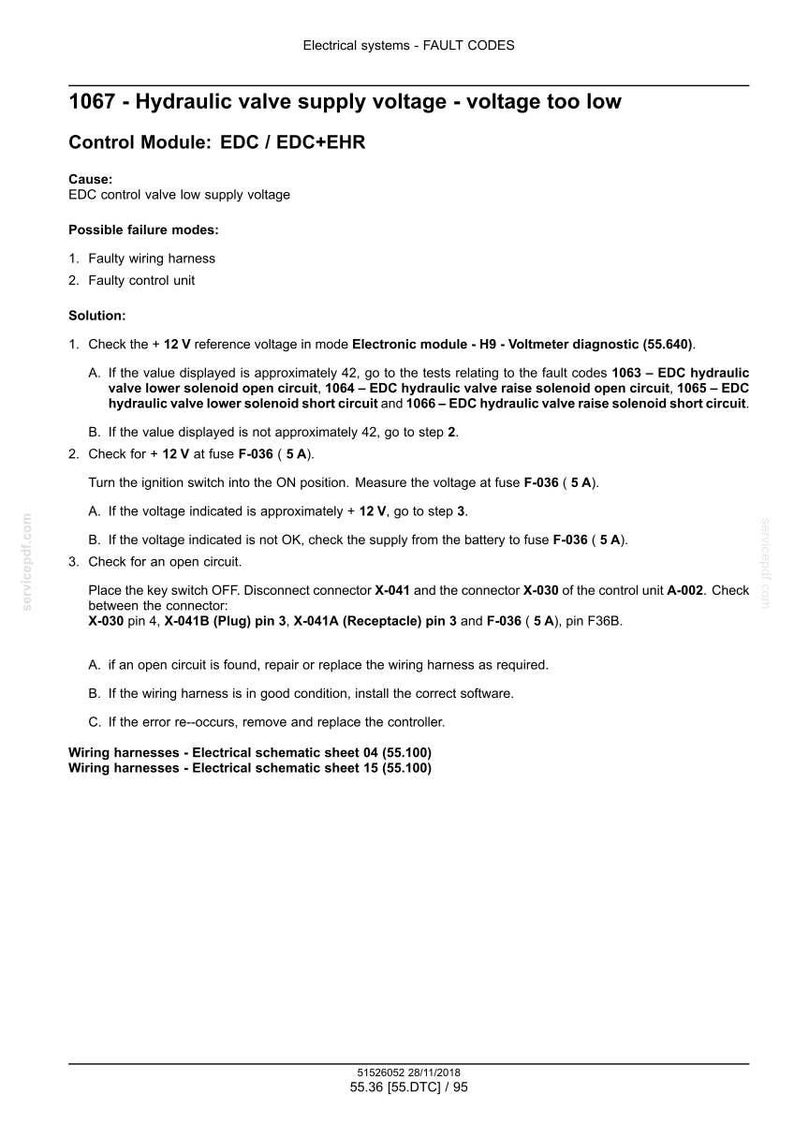 May include: A technical document titled "1067 - Hydraulic valve supply voltage - voltage too low." The document details fault codes, causes, and solutions for electrical systems. It includes wiring diagrams and diagnostic steps for automotive repair.