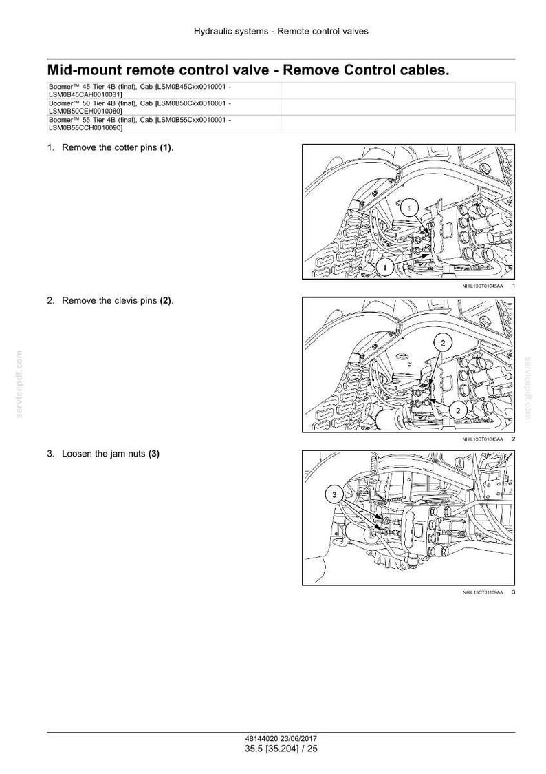 May include: Diagram of a mid-mount remote control valve with instructions to remove control cables. The steps include removing cotter pins, clevis pins, and loosening jam nuts. The image is a technical illustration.