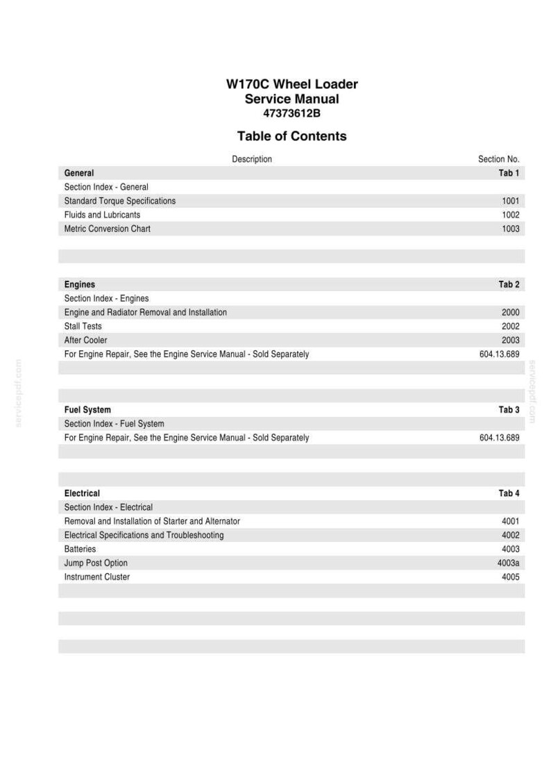 May include: A service manual for a W170C Wheel Loader. The table of contents includes sections on general information, engines, fuel systems, and electrical components. The manual is labeled 47373612B.