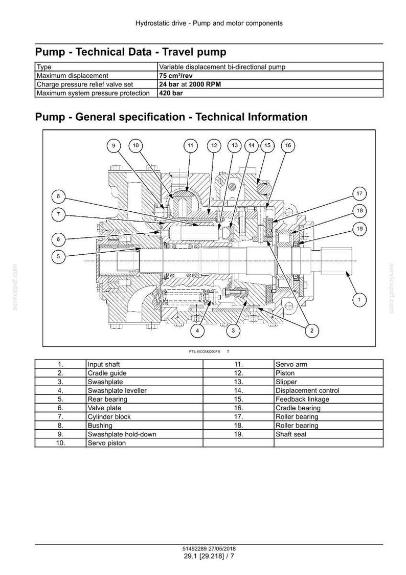 May include: Diagram of a travel pump with technical data and general specifications. The image includes a detailed schematic with labeled components such as the input shaft, swashplate, and servo arm. Measurements are in cm&sup3;/rev and bar.